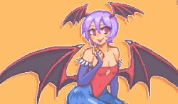 Rule 34 | 1girl, animal print, bare shoulders, bat print, blue pantyhose, blush, breasts, cleavage, closed mouth, collarbone, covered navel, demon girl, demon wings, hcnone, head wings, leotard, lilith aensland, looking at viewer, orange background, pantyhose, pink hair, red eyes, red leotard, short hair, simple background, sitting, small breasts, smile, solo, tongue, tongue out, vampire (game), wings