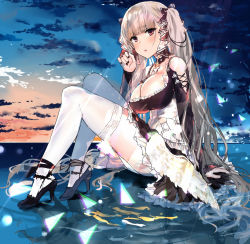 Rule 34 | 1girl, azur lane, black footwear, blush, breasts, dress, formidable (azur lane), hair ornament, hair ribbon, hand on lap, hand up, high heels, highres, large breasts, long hair, looking at viewer, maid, maid headdress, applying manicure, ocean, seafloor, outdoors, red eyes, ribbon, shoes, silver hair, sitting, solo, temir, thighhighs, thighs, very long hair, water, white thighhighs
