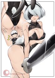 Rule 34 | 1boy, 1girl, android, animal ears, artist name, artist request, ass, bare legs, bare shoulders, black leotard, breast hold, breasts, chibi, choker, cleavage, curvy, fake animal ears, fake tail, hetero, highleg, highleg leotard, highres, holding, holding sword, holding weapon, huge ass, large breasts, leotard, lips, looking at viewer, multiple views, nier (series), nier:automata, playboy bunny, rabbit ears, rabbit tail, shiny skin, short hair, simple background, sword, tail, thighhighs, weapon, white background, white hair, 2b (nier:automata)