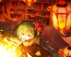 Rule 34 | 1girl, aka tonbo (lililil), book, bookshelf, candy, child, colored eyelashes, covering face, covering own mouth, covering privates, flower, food, glowing, hair flower, hair ornament, hatsune miku, indoors, lantern, lollipop, red flower, red rose, red theme, room, rose, sleeves past wrists, solo, sweets, twintails, vocaloid