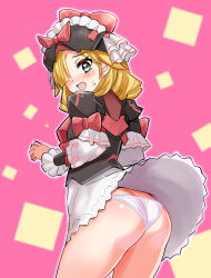 Rule 34 | 1girl, armor, ass, blonde hair, blush, bow, commission, cougar (cougar1404), dress, fire emblem, fire emblem engage, frilled headwear, frills, green eyes, hair ornament, hair over one eye, hat, hat bow, looking at viewer, marni (fire emblem), medium hair, nintendo, open mouth, panties, ribbon, skeb commission, skirt, solo, sweat, tassel, tassel hair ornament, two-tone headwear, underwear, upskirt, white panties