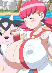 Rule 34 | 1girl, artist request, blue shorts, blush, breasts, bursting breasts, buttons, closed eyes, covered erect nipples, creatures (company), embarrassed, game freak, gen 2 pokemon, gym leader, hair ornament, hair tie, hairclip, hands up, huge breasts, long hair, long nipples, miltank, nintendo, pink hair, pokemon, pokemon (creature), pokemon hgss, shirt, short sleeves, shorts, smile, sweat, twintails, white shirt, whitney (pokemon), wristband