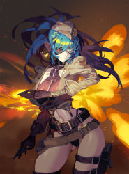Rule 34 | 1girl, absurdres, belt, black gloves, black panties, black tank top, blue eyes, blue hair, bravo233, breasts, closed mouth, commentary request, explosion, eyepatch, facing viewer, gloves, green jacket, hair between eyes, hat, highres, holster, jacket, large breasts, leona heidern, looking to the side, midriff, military hat, military jacket, navel, panties, ponytail, snk, solo, tank top, the king of fighters, thigh holster, thigh strap, thighs, thong, underboob, underwear