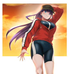 Rule 34 | 1girl, absurdres, aoba (smartbeat), backlighting, baseball cap, bike shorts, black shorts, black sports bra, blue eyes, breasts, collarbone, earrings, fate/grand order, fate (series), hat, highres, jacket, jewelry, large breasts, long hair, long sleeves, looking at viewer, martha (fate), martha (swimsuit ruler) (fate), martha (under the same sky) (fate), orange sky, ponytail, purple hair, red jacket, shorts, sky, solo, sports bra, thighs, twilight