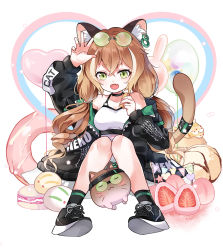 Rule 34 | 1girl, :d, animal ear fluff, animal ears, arm up, balloon, bare shoulders, black choker, black footwear, black jacket, black socks, breasts, brown hair, camisole, cat, cat ears, cat girl, cat tail, choker, clothes writing, collarbone, commentary request, ear piercing, english text, eyewear on head, fang, food, fruit, full body, green-tinted eyewear, green eyes, hair between eyes, heart, heart balloon, highres, holding, holding food, jacket, knees up, long hair, long sleeves, low twintails, macaron, medium breasts, multicolored hair, off shoulder, open clothes, open jacket, open mouth, original, piercing, puffy long sleeves, puffy sleeves, romaji text, shoe soles, shoes, short eyebrows, sitting, smile, snow rabbit, socks, solo, strawberry, streaked hair, tail, tail raised, thick eyebrows, tinted eyewear, twintails, very long hair, white camisole, yasuna (nanjiang)