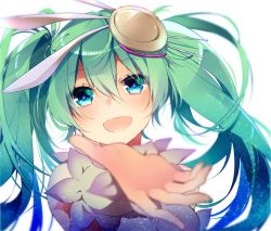 Rule 34 | 1girl, :d, asagao minoru, bad id, blue eyes, blurry, blush, depth of field, green hair, green nails, hair ornament, hatsune miku, head tilt, long hair, looking at viewer, nail polish, open mouth, outstretched arm, simple background, smile, solo, spica (vocaloid), twintails, upper body, vocaloid, white background