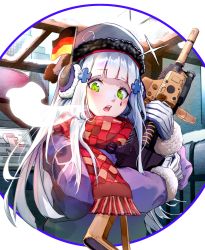 Rule 34 | 1girl, assault rifle, breath, coat, cold, earmuffs, facial mark, fur-trimmed coat, fur trim, german flag, girls&#039; frontline, gloves, green eyes, gun, h&amp;k hk416, hair ornament, hat, headset, highres, hk416 (girls&#039; frontline), holding, holding weapon, long hair, looking at viewer, mitsuaji lime, hugging object, open mouth, purple coat, red scarf, rifle, scarf, silver hair, solo, teardrop, weapon