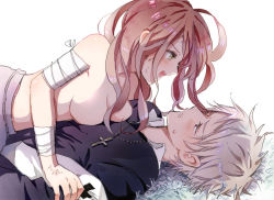 Rule 34 | 1boy, 1girl, axis powers hetalia, bad id, bad pixiv id, bandages, bare shoulders, blush, breast press, breasts, brown hair, couple, cross, cross necklace, eye contact, face-to-face, girl on top, grass, green eyes, hetero, hishi (k-xaby), hungary (hetalia), jewelry, long hair, looking at another, lying, necklace, no nipples, on ground, open mouth, prussia (hetalia), red eyes, short hair, topless, wavy mouth, white hair