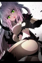 Rule 34 | 1girl, agrius metamorphosis, ass, atalanta (fate), atalanta alter (fate), bad id, bad pixiv id, belt, belt buckle, belt collar, black belt, black collar, black thighhighs, breasts, buckle, cat tail, collar, eyebrows, fang, fate/grand order, fate (series), fingernails, green eyes, hair between eyes, highres, legs apart, letterboxed, long fingernails, long hair, medium breasts, multicolored hair, multiple tails, open mouth, purple hair, sana hamada, sharp fingernails, solo, sparkle, tail, thighhighs, two-tone hair, two tails, very long hair, white hair
