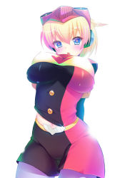 Rule 34 | 1girl, blonde hair, blue eyes, blush, breasts, chestnut mouth, concrete revolutio, cowboy shot, earth-chan (concrete revolutio), covered erect nipples, fumitsuki kyou, goggles, goggles on head, headphones, large breasts, looking at viewer, navel, open mouth, pantyhose, shorts, skindentation, solo, star-shaped pupils, star (symbol), symbol-shaped pupils