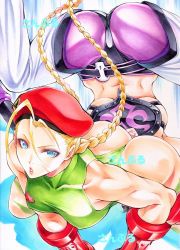 Rule 34 | 2girls, antenna hair, ass, ass focus, belt, beret, black panties, blonde hair, blue eyes, braid, breasts, cammy white, capcom, chinese clothes, clenched teeth, commentary request, detached leggings, dudou, covered erect nipples, facial scar, frankensteiner, gloves, green leotard, han juri, hat, head between knees, leotard, lips, looking at viewer, medium breasts, midriff, multiple girls, navel, panties, panties over pantyhose, pantyhose, purple legwear, red gloves, scar, scar on cheek, scar on face, sideboob, street fighter, street fighter iv (series), submission hold, teeth, thong leotard, toned, traditional media, twin braids, underwear, wrestling, yqgkg