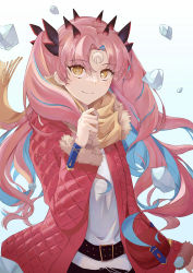 Rule 34 | 1girl, absurdres, belt, blue hair, casual, coat, colored inner hair, daachan, facial mark, fate/grand order, fate (series), forehead mark, highres, horns, ishtar (fate), long hair, mismatched pupils, multicolored hair, pink hair, red coat, scarf, shirt, smile, space ishtar (dream portrait) (fate), space ishtar (fate), space ishtar (third ascension) (fate), symbol-shaped pupils, twintails, white shirt, yellow eyes