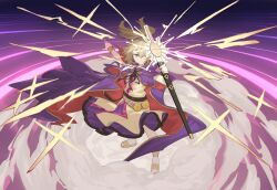 Rule 34 | 1girl, absurdres, anklet, aura, belt, blonde hair, bracelet, cape, closed mouth, commentary request, devilkillerx, earmuffs, highres, holding, holding sword, holding weapon, jewelry, purple cape, purple skirt, red cape, shirt, skirt, sleeveless, sleeveless shirt, solo, sword, touhou, toyosatomimi no miko, two-sided cape, two-sided fabric, weapon