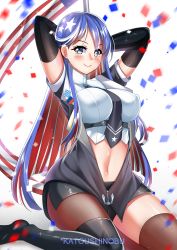 Rule 34 | 1girl, absurdres, anchor, arms behind head, artist name, asymmetrical legwear, black footwear, black necktie, black skirt, blue hair, boots, breasts, confetti, highres, kantai collection, katou shinobu, kneeling, large breasts, long hair, looking at viewer, multicolored hair, necktie, open clothes, red hair, single thigh boot, skirt, smile, solo, south dakota (kancolle), star (symbol), thigh boots, thighhighs, uneven legwear