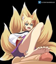 Rule 34 | 1boy, 1girl, alternate breast size, animal ear fluff, animal ears, bare legs, bare shoulders, barefoot, black background, blonde hair, breasts, commentary, commission, english commentary, erection, feet, footjob, fox ears, fox girl, fox tail, green eyes, hair between eyes, hair ribbon, hakama, hakama short skirt, hakama skirt, hand on own hip, hetero, highres, japanese clothes, kimono, kitsune, kyuubi, long hair, long sleeves, medium breasts, mon-musu quest!, monster girl, multiple tails, nail polish, open mouth, panties, pantyshot, penis, purple hakama, red nails, red ribbon, ribbon, rope, saorika32, shimenawa, skirt, slit pupils, smile, soles, solo focus, stepped on, tail, tamamo (mon-musu quest!), teeth, testicles, toenail polish, toenails, toes, tongue, twitter username, uncensored, underwear, upper teeth only, v-shaped eyebrows, white kimono, white panties, wide sleeves, yellow tail
