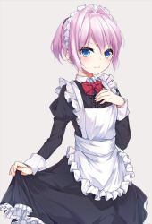 Rule 34 | 1girl, alternate costume, apron, black dress, blue eyes, blush, bow, bowtie, center frills, cowboy shot, dress, enmaided, fingernails, frills, grey background, hair between eyes, hair intakes, hikobae, juliet sleeves, kantai collection, long sleeves, maid, maid apron, maid headdress, pink hair, puffy sleeves, red bow, red bowtie, shiranui (kancolle), short hair, simple background, smile, solo