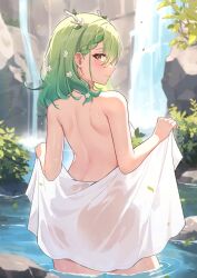 Rule 34 | 1girl, antlers, aqua background, ardenlolo, bare back, blush, breasts, censored, censored nipples, ceres fauna, character censor, closed mouth, covering privates, cowboy shot, earrings, eyelashes, flower, from behind, gradient hair, green hair, hair flower, hair ornament, highres, hololive, hololive english, horns, jewelry, large breasts, long hair, looking at viewer, looking back, median furrow, mole, mole under eye, multicolored hair, novelty censor, nude, nude cover, river, sapling (ceres fauna), see-through, shoulder blades, sideways glance, smile, solo, streaked hair, virtual youtuber, wading, water, waterfall, wet towel, yellow eyes