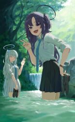 Rule 34 | 2girls, :d, ^ ^, absurdres, alternate hairstyle, backlighting, black skirt, blue archive, blunt bangs, blurry, closed eyes, collared shirt, commentary request, depth of field, forest, hairband, hand on own hip, headgear, highres, in water, leaning forward, long hair, looking at viewer, multiple girls, nature, noa (blue archive), open mouth, outdoors, parted bangs, pleated skirt, ponytail, purple eyes, purple hair, river, school uniform, shirt, sidelocks, skirt, sleeves rolled up, smile, summer uniform, tai saka, triangle hair ornament, two side up, v, water, waterfall, white hair, white shirt, white skirt, yuuka (blue archive)