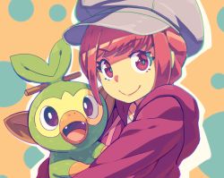 Rule 34 | 1girl, :d, bad id, bad twitter id, closed mouth, creatures (company), game freak, gen 8 pokemon, grey headwear, grookey, hat, highres, holding, holding pokemon, hood, hood down, hoodie, long sleeves, looking at viewer, nintendo, open mouth, original, outline, pokemon, pokemon (creature), pokemon swsh, red eyes, red hair, red hoodie, smile, tasaka shinnosuke, white outline
