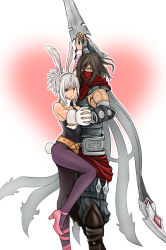 Rule 34 | 1boy, 1girl, animal ears, battle bunny riven, blade, fake animal ears, folded ponytail, high heels, highres, league of legends, mask, pantyhose, pink heels, playboy bunny, rabbit ears, red eyes, riven (league of legends), short hair, talon (league of legends), weapon, white hair, wocami