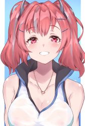 Rule 34 | 1girl, azur lane, bad id, bad pixiv id, bare shoulders, blouse, blue background, blush, breasts, bremerton (azur lane), bremerton (scorching-hot training) (azur lane), cleavage, crop top, hair between eyes, hair ornament, hairclip, heart, heart necklace, highres, jewelry, large breasts, long hair, looking at viewer, multicolored hair, necklace, nipples, pink eyes, pink hair, see-through, shirt, sleeveless, sleeveless shirt, sportswear, streaked hair, teeth, twintails, two-tone background, two-tone shirt, uishiro (scvu7324), wet, wet clothes, wet shirt, white background, x hair ornament