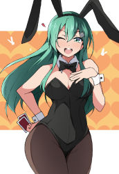 Rule 34 | 1girl, animal ears, aqua hair, black leotard, black pantyhose, blush, breasts, card, cleavage, detached collar, fake animal ears, hair between eyes, hair ornament, hairclip, hand on own chest, heart, heart background, holding, holding card, kantai collection, large breasts, leotard, long hair, nel-c, one eye closed, open mouth, pantyhose, playboy bunny, rabbit ears, simple background, solo, suzuya (kancolle), wrist cuffs