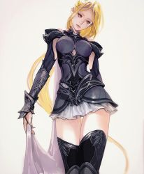 Rule 34 | 1girl, armor, blonde hair, cape, gluteal fold, head tilt, highres, holding, holding cape, holding clothes, long hair, original, paper texture, pauldrons, red eyes, shoulder armor, sketch, skirt, solo, ssaki metel, thighhighs, very long hair, white background