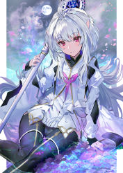 Rule 34 | 1girl, ahoge, black gloves, black pants, breasts, fate/grand order, fate/prototype, fate (series), fingerless gloves, full moon, gloves, holding, holding staff, long hair, long sleeves, looking at viewer, medium breasts, merlin (fate/prototype), merlin (fate/prototype) (second ascension), moon, night, night sky, pants, parted lips, petals, purple eyes, robe, sitting, sky, smile, staff, thighs, very long hair, white hair, white robe, wide sleeves, yoshimoto (dear life)