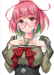 Rule 34 | 1girl, absurdres, ahoge, bow, bowtie, breasts, brown eyes, glasses, green hair, grey sailor collar, highres, juliet sleeves, kantai collection, large breasts, long sleeves, multicolored hair, pink-framed eyewear, pink hair, puffy sleeves, red bow, red bowtie, ruin re birth, sailor collar, school uniform, serafuku, short hair, smile, solo, streaked hair, two-tone hair, ume (kancolle), upper body