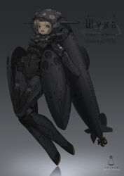 Rule 34 | 1girl, absurdres, armor, armored bodysuit, black bodysuit, blonde hair, blue eyes, bodysuit, breasts, commentary request, covered navel, full body, gradient background, grey background, helmet, highres, looking at viewer, mecha musume, medium breasts, original, personification, shadow, solo, soruto 0w98e, submarine, tsurime, watercraft