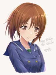 Rule 34 | 10s, 1girl, artist name, blue sailor collar, brown eyes, brown hair, character name, dated, girls und panzer, happy birthday, looking at viewer, nishizumi miho, ooarai school uniform, sailor collar, school uniform, shamakho, short hair, smile, solo, upper body, white background