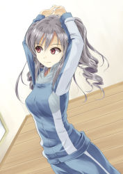 Rule 34 | 10s, 1girl, drill hair, idolmaster, idolmaster cinderella girls, jacket, kanzaki ranko, long hair, minasato hibiki, outstretched arms, red eyes, silver hair, solo, track jacket, track suit, twin drills, twintails
