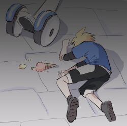 Rule 34 | 1boy, absolute newb, blonde hair, cloud strife, final fantasy, final fantasy vii, final fantasy vii rebirth, final fantasy vii remake, food, highres, ice cream, ice cream cone, lying, meme, official alternate costume, on floor, segway, shorts, solo, spiked hair, yamcha pose (meme)