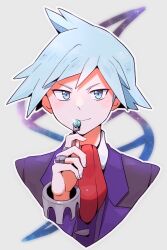 Rule 34 | 1boy, aqua eyes, aqua hair, closed mouth, creatures (company), formal, game freak, gohan (horth-waribasi), highres, holding, holding rock, jewelry, long sleeves, looking at viewer, male focus, mega stone, necktie, nintendo, pokemon, pokemon oras, red necktie, ring, rock, smile, solo, steven stone, suit, upper body