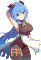 Rule 34 | 1girl, absurdres, ahoge, arm over head, armpits, arms up, bell, black legwear, blue hair, breasts, curled horns, dunggeul dunggeul, ganyu (genshin impact), genshin impact, gold trim, highres, horns, large breasts, leotard, leotard under clothes, long hair, neck bell, purple eyes, sidelocks, sleeveless, solo, thighlet, thighs, very long hair, white background