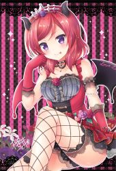 Rule 34 | &gt;:p, 10s, 1girl, :p, arm scrunchie, artist name, blush, bracelet, breasts, center frills, choker, commentary request, demon horns, demon wings, dress, elbow gloves, fishnet thighhighs, fishnets, flower, frills, gloves, hair flower, hair ornament, head rest, horns, jewelry, lace, lace-trimmed dress, lace-trimmed gloves, lace-trimmed legwear, lace trim, lily (flower), looking at viewer, love live!, love live! school idol festival, love live! school idol project, medium breasts, nishikino maki, purple eyes, red hair, sakurai makoto (custom size), signature, smile, solo, sparkle, striped, striped background, tail, thighhighs, tiara, tongue, tongue out, v-shaped eyebrows, vertical stripes, wings