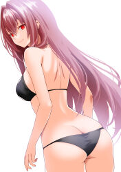 Rule 34 | 1girl, alternate costume, ass, bikini, black bikini, breasts, butt crack, closed mouth, commentary request, engo (aquawatery), fate/grand order, fate (series), floating hair, from behind, hair between eyes, hair intakes, highres, lips, long hair, looking at viewer, medium breasts, pink lips, purple hair, red eyes, scathach (fate), simple background, smile, solo, swimsuit, very long hair, white background