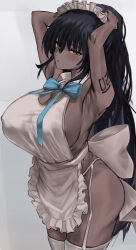 Rule 34 | 1girl, absurdres, adjusting hair, apron, aqua bow, aqua bowtie, arm tattoo, armpits, arms up, black hair, blue archive, blush, bow, bowtie, breasts, commentary, covered erect nipples, dark-skinned female, dark skin, garter straps, highres, huge breasts, karin (blue archive), looking at viewer, maid apron, maid headdress, naked apron, nuo (fttv3255), simple background, solo, tattoo, thighhighs, white garter straps, white thighhighs
