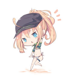 Rule 34 | 1girl, :&lt;, ahoge, arm up, artoria pendragon (fate), bare legs, barefoot, beni shake, bikini, black hat, blonde hair, blue eyes, blue jacket, blush stickers, chibi, commentary request, fate/grand order, fate (series), flat cap, hair between eyes, hair through headwear, hat, head tilt, jacket, long hair, mysterious heroine x (fate), mysterious heroine xx (fate), parted lips, ponytail, puffy short sleeves, puffy sleeves, short sleeves, shrug (clothing), side-tie bikini bottom, solo, standing, standing on one leg, swimsuit, triangle mouth, white background, white bikini
