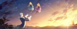 Rule 34 | 1boy, 2girls, blonde hair, blunt bangs, blurry, boots, closed eyes, cloud, coat, day and night, dress, floating, floating hair, flower, frilled dress, frills, fur trim, gothic lolita, grass, hair ornament, hairband, headdress, hiver laurant, hortense, lens flare, lolita fashion, long hair, long sleeves, looking at another, low ponytail, magic, mountain, multiple girls, outdoors, petals, roman (sound horizon), saban, shooting star, siblings, sisters, skirt hold, sky, sound horizon, standing, star (sky), sun, twilight, twins, violette, white hair, wind, windmill