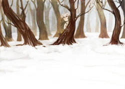 Rule 34 | 1girl, brown hair, forest, nancy z, nancy zhang, nature, peeking out, skirt, snow, solo, tree, where the wild things are
