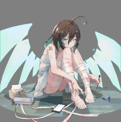 Rule 34 | 1girl, absurdres, ahoge, applying manicure, applying pedicure, aqua eyes, aqua hair, aqua nails, bandaged leg, bandages, bandaid, bandaid on arm, bare shoulders, barefoot, blood, bloody bandages, bronya zaychik, brown hair, cellphone, character doll, commentary request, cuts, dress, energy wings, full body, glowing, grey background, highres, honkai (series), honkai impact 3rd, injury, knees to chest, looking at viewer, medium hair, multicolored hair, nail, nail polish, nail polish bottle, painting nails, painting toenails, phone, short dress, simple background, sitting, smartphone, solo, straw doll, tissue, tissue box, toenail polish, toenails, two-tone hair, voodoo doll, wendy (honkai impact), white dress
