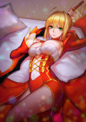 Rule 34 | 10s, 1girl, absurdres, aestus estus, ahoge, bad id, bad pixiv id, bed, blonde hair, breasts, corset, fate/extra, fate (series), green eyes, highres, holding, holding sword, holding weapon, large breasts, light smile, looking at viewer, lying, nero claudius (fate), nero claudius (fate), nero claudius (fate/extra), on back, on bed, pillow, pre (preecho), short hair, solo, sword, weapon