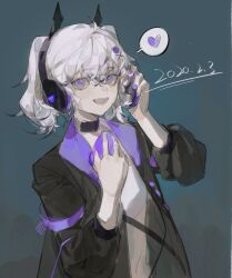 Rule 34 | 1girl, 2020, animal ear headphones, animal ears, black choker, black jacket, choker, dated, fake animal ears, fangs, grey hair, hair between eyes, hair ornament, hands up, headphones, heart, highres, holding, holding phone, jacket, long sleeves, looking at viewer, open clothes, open jacket, open mouth, original, phone, purple eyes, purple nails, shirt, simple background, smile, solo, spoken heart, twintails, upper body, white hair, white shirt, youliyouliv