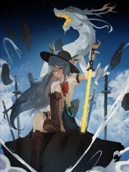 Rule 34 | 1girl, absurdres, black headwear, blue hair, blue sky, bow, bowtie, brown footwear, closed mouth, cloud, dragon, food, fruit, full body, highres, hinanawi tenshi, holding, holding sword, holding weapon, leaf, long hair, looking at viewer, naufaldreamer, outside border, peach, red bow, red bowtie, red eyes, rock, shirt, short sleeves, sitting, sky, solo, sword, touhou, weapon, white shirt