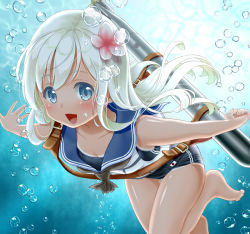 Rule 34 | 1girl, air bubble, bad id, bad pixiv id, blonde hair, blue eyes, bubble, flower, hair flower, hair ornament, kantai collection, long hair, one-piece swimsuit, open mouth, ro-500 (kancolle), sailor collar, sakuharu, school swimsuit, school uniform, serafuku, solo, submerged, swimsuit, swimsuit under clothes, tan, tanline, torpedo, underwater
