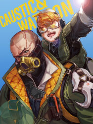 Rule 34 | 1boy, 1girl, ^ ^, apex legends, bald, black eyes, black gloves, black jacket, cable, caustic (apex legends), character name, clenched hand, closed eyes, commission, field research caustic, fly-by-wire wattson, gas mask, gloves, green jacket, green vest, head tilt, headset, highres, jacket, lava (darkxingblack), lens flare, looking at viewer, mask, official alternate costume, open mouth, scar, scar on head, selfie, shirt, smile, sun, vest, wattson (apex legends), white shirt
