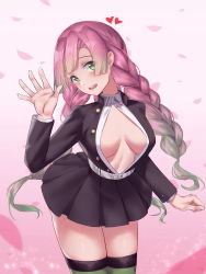 Rule 34 | 1girl, absurdres, bad id, bad pixiv id, belt, black jacket, braid, breasts, commentary request, gradient hair, green eyes, green hair, heart, highres, jacket, japanese clothes, jmao, kanroji mitsuri, kimetsu no yaiba, large breasts, long hair, looking at viewer, mole, mole under eye, multicolored hair, open clothes, open jacket, open mouth, open shirt, pink hair, pleated skirt, skirt, smile, solo, thighhighs, white belt