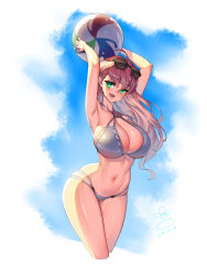 Rule 34 | 1girl, absurdres, ahoge, arched back, armpits, arms up, ball, bare shoulders, beachball, bikini, breasts, brown hair, cleavage, collarbone, cropped legs, curvy, dated, dungeon and fighter, eyewear on head, green eyes, highres, hip focus, huge breasts, knight (dungeon and fighter), long hair, multi-strapped bikini, narrow waist, navel, open mouth, original, pink hair, second-party source, shiny skin, signature, silver bikini, skindentation, smile, solo, suerte, sunglasses, swimsuit, thighs, wide hips