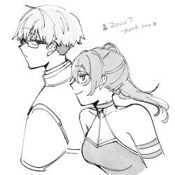 Rule 34 | 1boy, 1girl, arm strap, bare shoulders, choker, collarbone, dress, expressionless, glasses, greyscale, land (sousou no frieren), long hair, looking at another, monochrome, short hair, side ponytail, simple background, sleeveless, sleeveless dress, smile, sousou no frieren, thank you, tunic, white background, yasato83